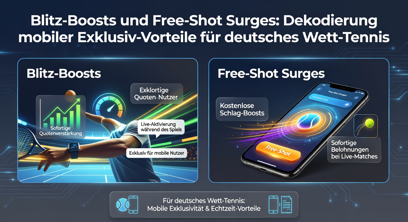 Grafik mit Free-Shot-Surge-Overlay auf einem Live-Tennis-Match, zeigt Quotenanstieg und Gratiswette-Button auf Smartphone-Display