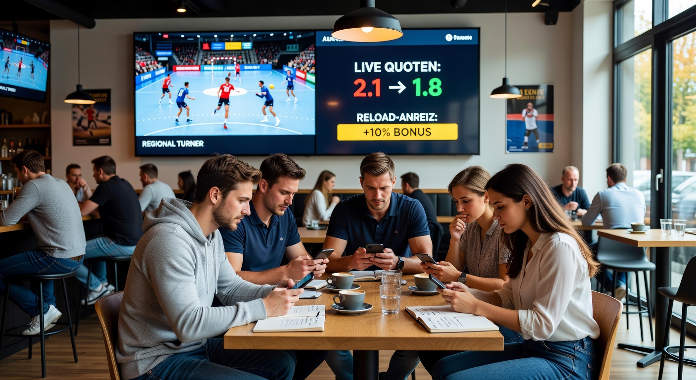 Live-Handball-Quoten und Reload-Boni auf einem mobilen Gerät während eines Turniers