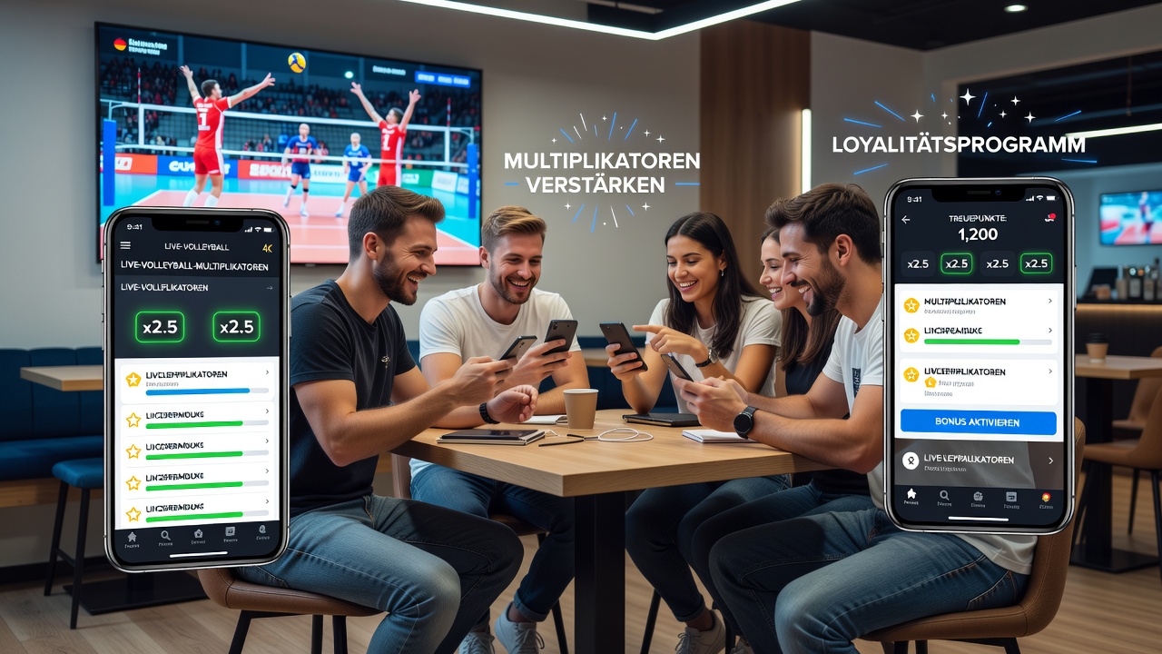 App-Oberfläche zeigt Treuepunkte und Volleyball-Multiplikatoren in Aktion